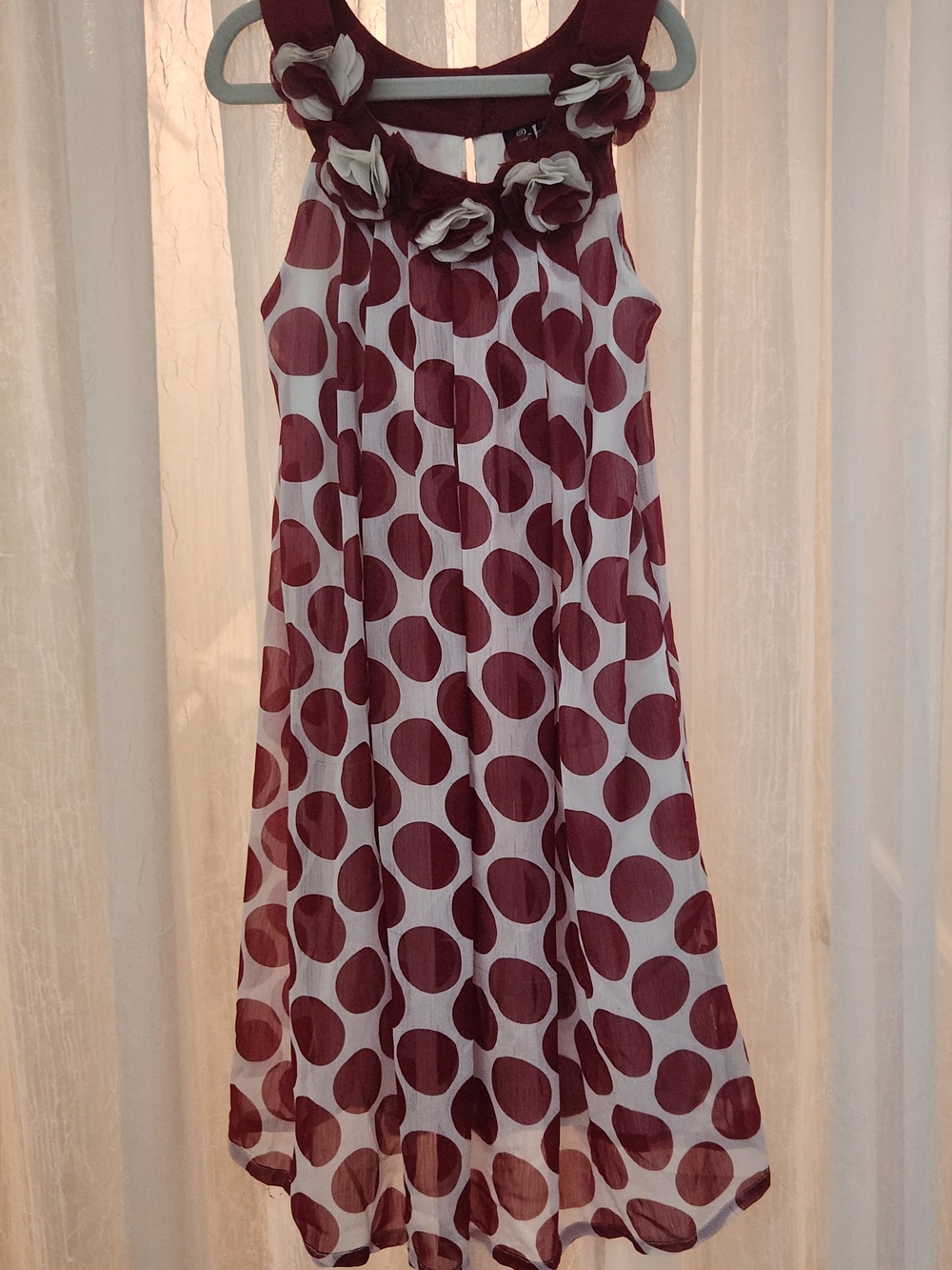 2-Hip Girls' Maroon Polka Dot Sleeveless Dress with Floral Neckline, Sz-8, GUC